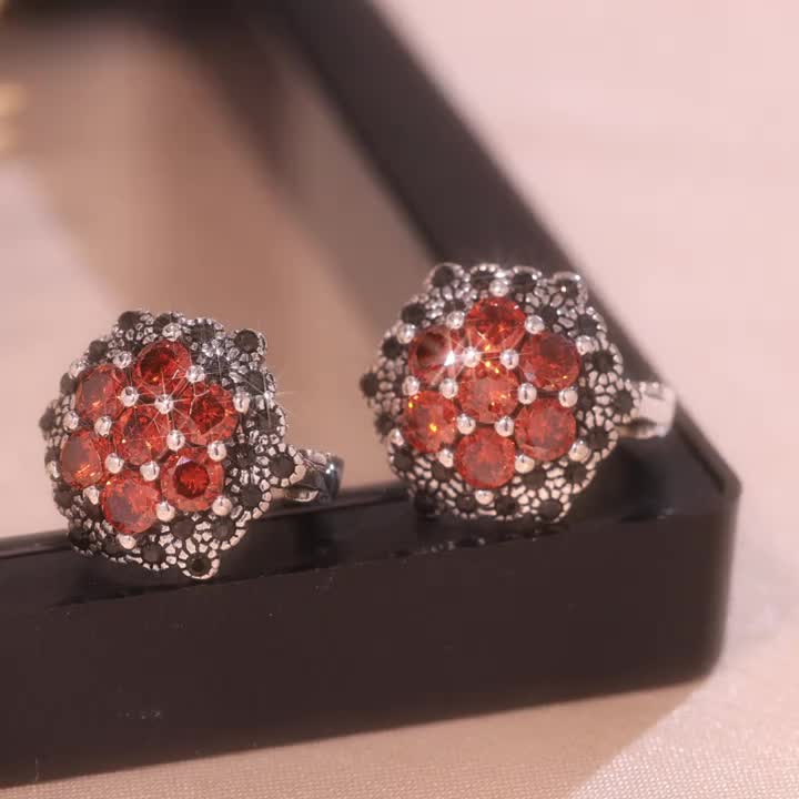 925 Sterling Silver Flower Garnet Earrings Hypoallergenic